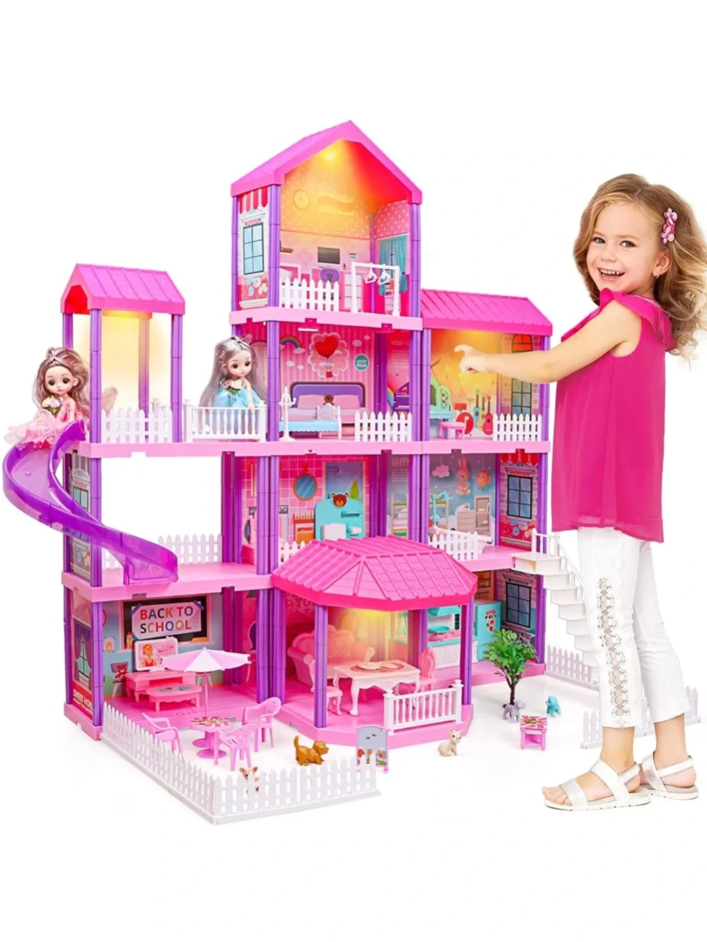 Deluxe Pink Multi-Level Dollhouse Playset with Slide and Furniture